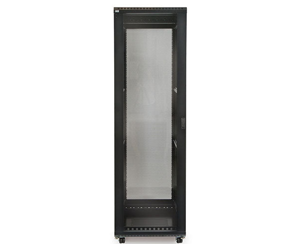 Frontal view of the 42U LINIER server cabinet featuring a glass door and secure locking mechanism