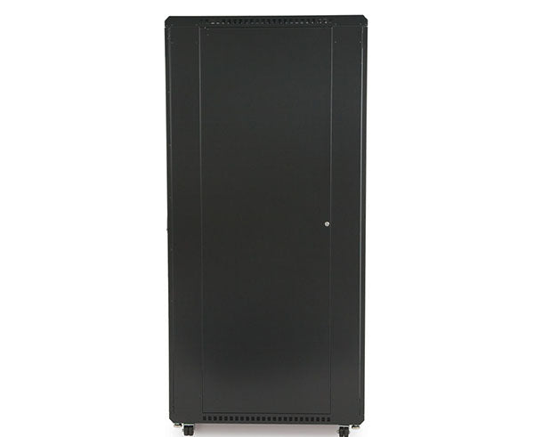 Angled view of the 42U LINIER server cabinet with glass doors and side panel visibility