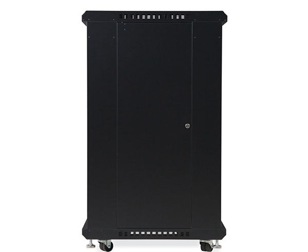 Side view of 22U LINIER server cabinet with wheels and secure door closure