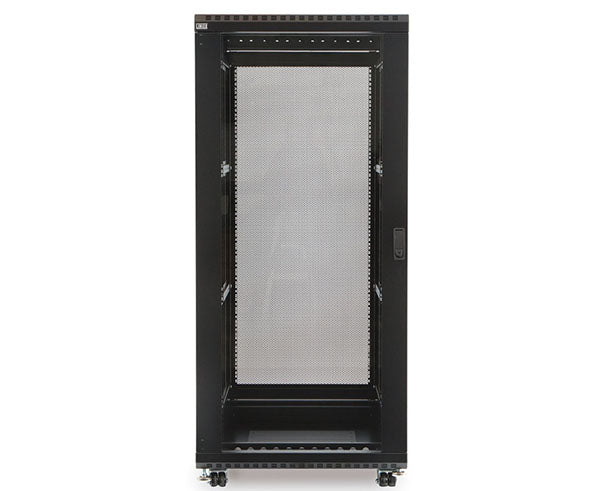 Front view of the 27U LINIER server cabinet with glass door and lock