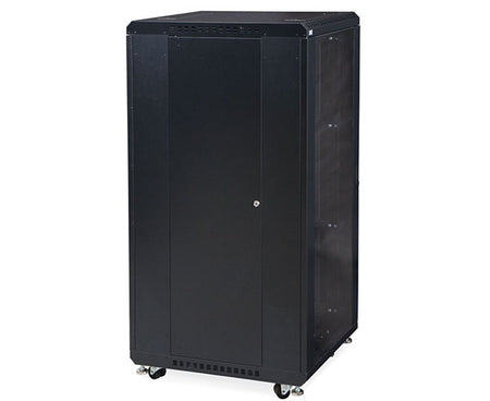 Side view of the 27U LINIER server cabinet with glass door and caster wheels