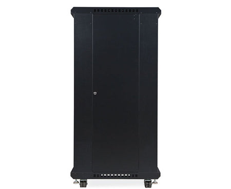 27U LINIER server cabinet with glass door, side panel, and rolling casters