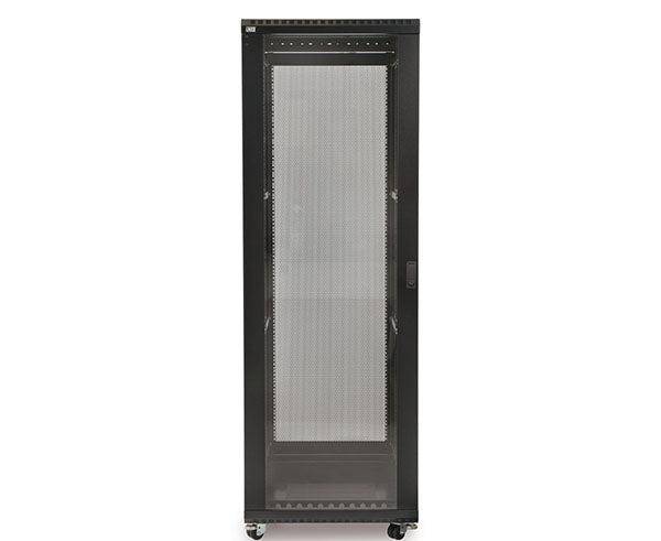 Angled view of the 37U LINIER® Server Cabinet showcasing the dual glass doors