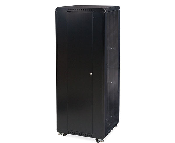 The 37U LINIER® Server Cabinet on wheels with doors slightly ajar for a better view