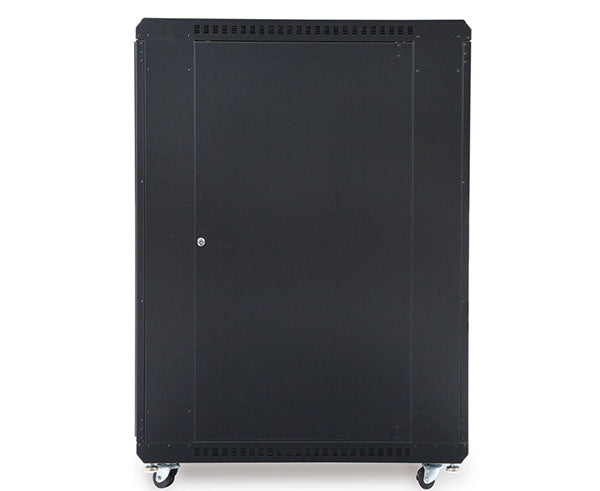 Side view of the 22U LINIER Server Cabinet showcasing caster wheels for easy positioning