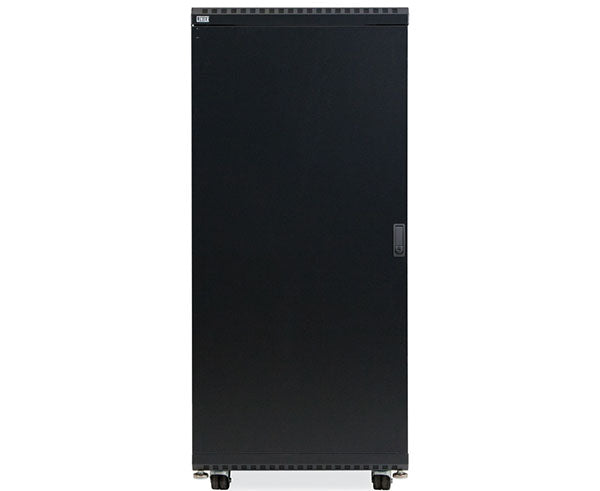 Front view of the 27U LINIER server cabinet with solid door and wheels