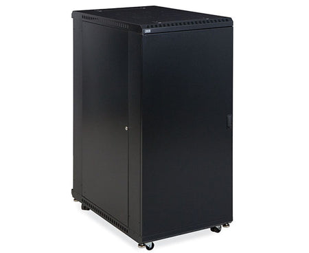 Angled view of the 27U LINIER server cabinet with solid door
