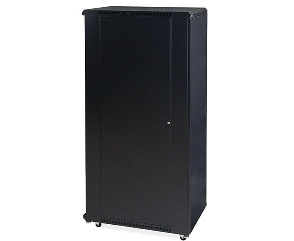 Side view of the 37U LINIER server cabinet with solid door and caster wheels