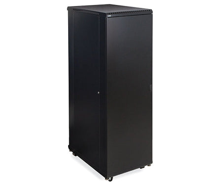 Angled view of the 37U LINIER server cabinet highlighting its depth and wheels