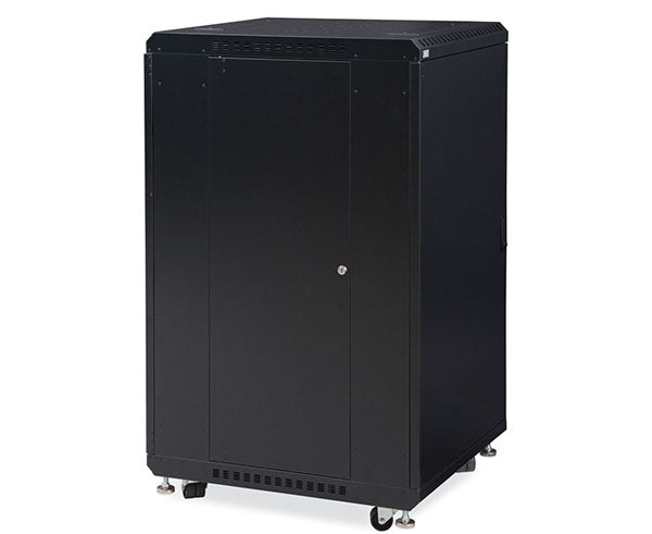 Side angle of the 22U LINIER server cabinet featuring caster wheels