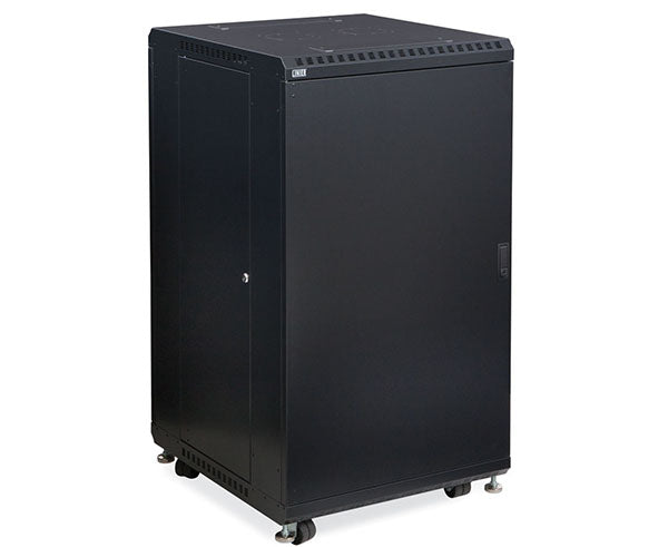 Rear view of the 22U LINIER server cabinet with solid door and wheels