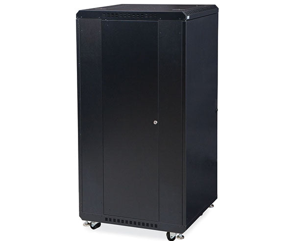 Rear angle of the 27U LINIER® Server Cabinet showing wheel mechanism and door