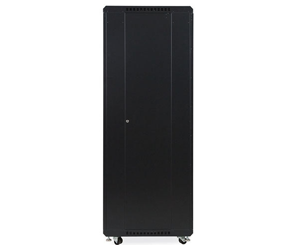 Side view of a 37U LINIER server cabinet with caster wheels