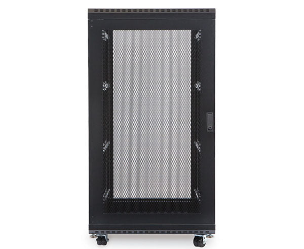 Black 22U LINIER server cabinet with a metal ventilated door, angled view
