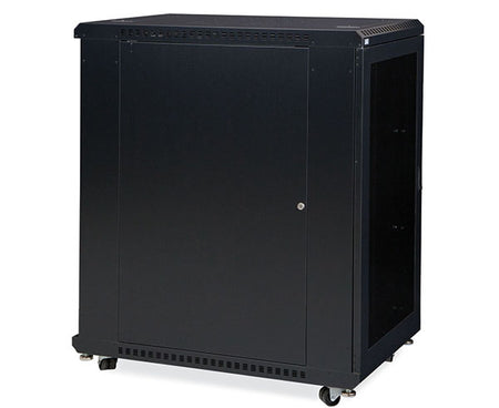 Side view of the 22U LINIER server cabinet with vented doors and wheels