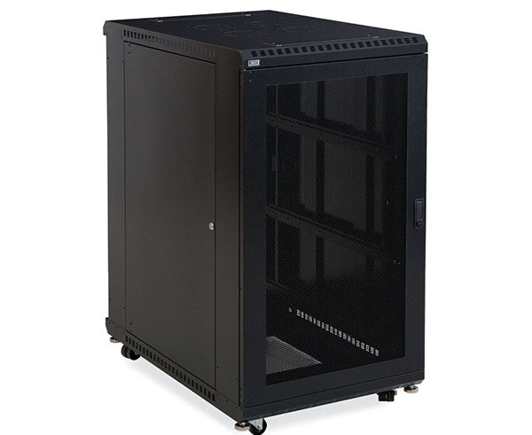 Front view of 22U LINIER server cabinet with vented doors and caster wheels