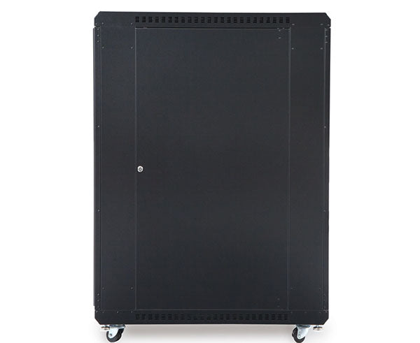 22U LINIER server cabinet with caster wheels, side angle view on a white background