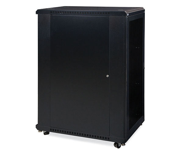 Side view of the 27U LINIER server cabinet with wheels and closed door