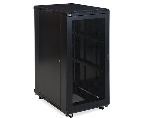 Side view of the 27U LINIER server cabinet with wheels and locking doors