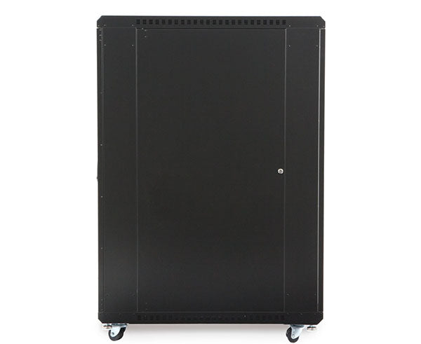 Isolated 27U LINIER server cabinet on white background showcasing depth and wheels