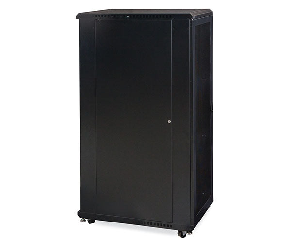 Side perspective of a 37U LINIER server cabinet with vented doors