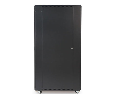Angled view of a 37U LINIER server cabinet on caster wheels against a white backdrop
