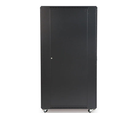 Side profile of a 37U LINIER server cabinet with caster wheels, isolated on white