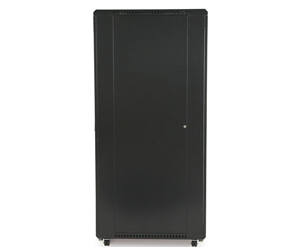A sturdy black server cabinet on casters with vented door for mobility