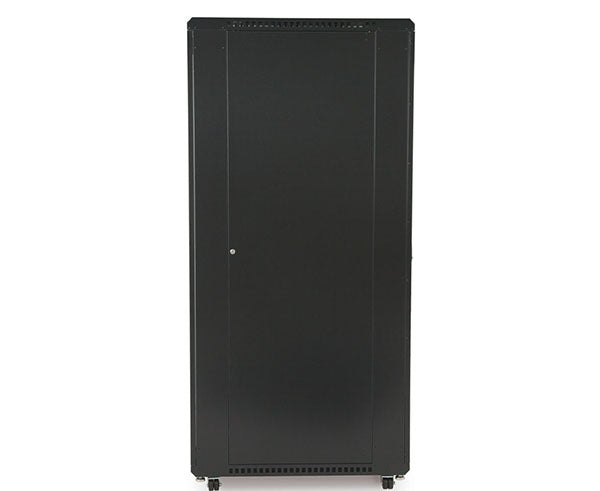Side view of the black 42U LINIER server cabinet with vented door and wheels
