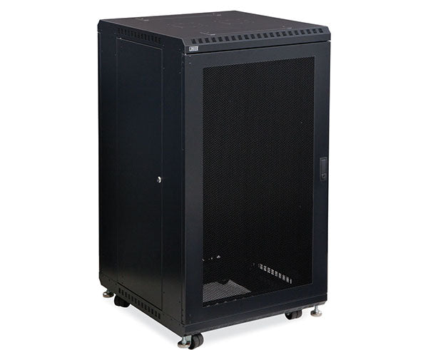 Front view of 22U LINIER server cabinet with caster wheels