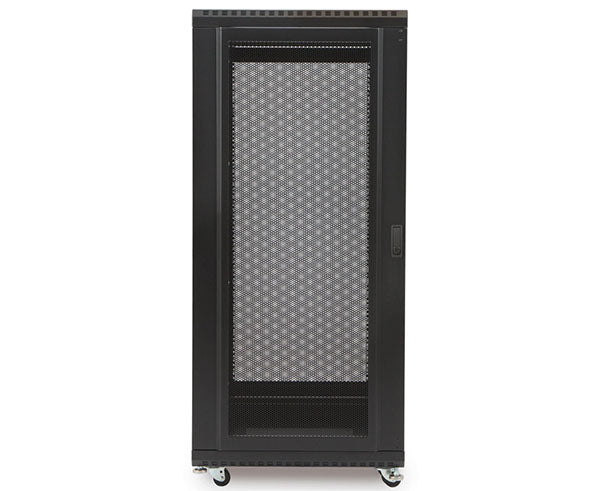 Angled view of the 27U LINIER black server cabinet against a white backdrop