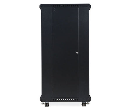 Side profile of the 27U LINIER server cabinet featuring caster wheels