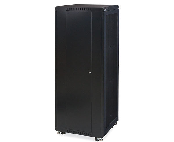 Angled view of the 37U LINIER server cabinet on casters with closed door