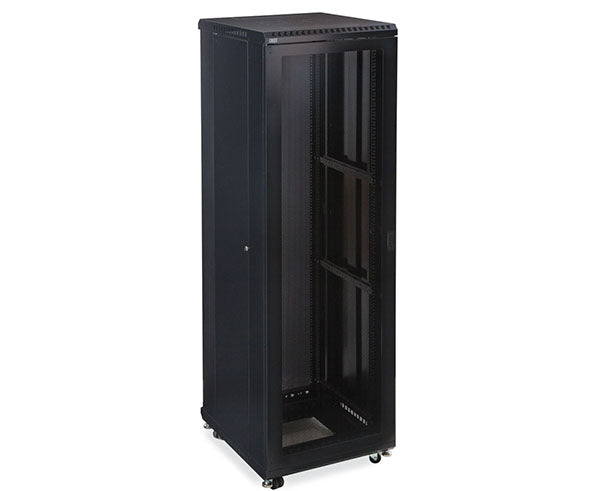 42U LINIER® Server Cabinet featuring shelves and caster wheels for organization and transport