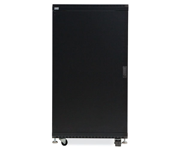 Perspective view of the 22U LINIER server cabinet with caster wheels against a white background
