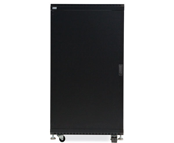 22U LINIER server cabinet with solid doors and caster wheels, isolated on white background