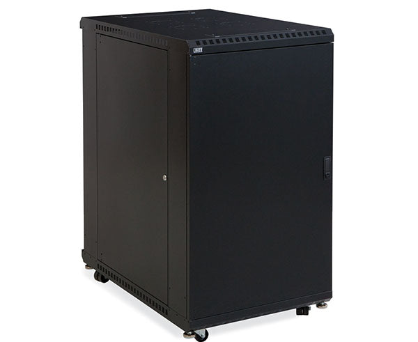 The 22U LINIER server cabinet with solid doors partially open and wheels visible