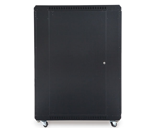 Side view of the 22U LINIER server cabinet with solid doors and wheels