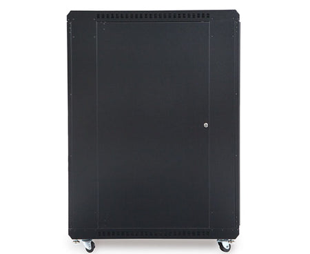 Side view of the 22U LINIER server cabinet with solid doors and wheels