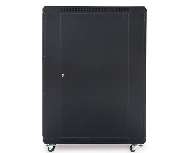 Angled view of the 22U LINIER server cabinet with solid doors on white backdrop