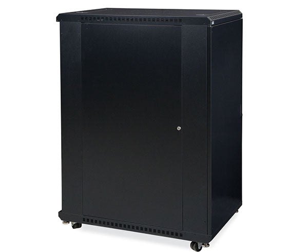 Side view of the 27U LINIER Server Cabinet on casters with solid door closed