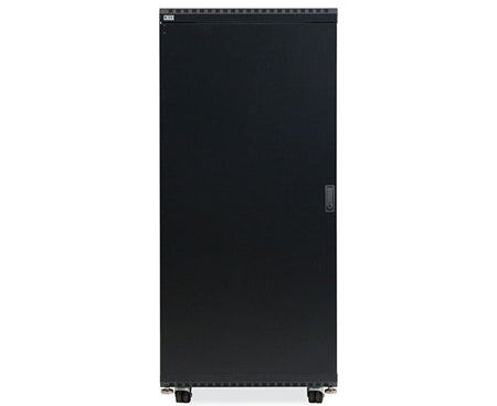 Angled perspective of the 27U LINIER Server Cabinet showing solid door and casters