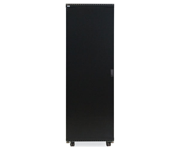 Front view of the 37U LINIER server cabinet with solid door and caster wheels