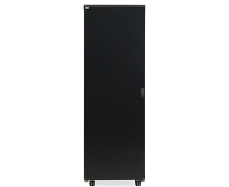 Front view of the 37U LINIER server cabinet with solid door and caster wheels