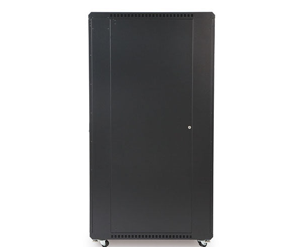 37U LINIER server cabinet with solid doors and mobility casters against white backdrop