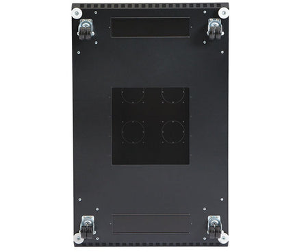 Detail of the 37U LINIER server cabinet's vented bottom panel with mounting slots