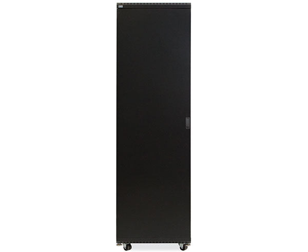 Full-length view of the 42U LINIER Server Cabinet from the back with wheels and stabilizing feet