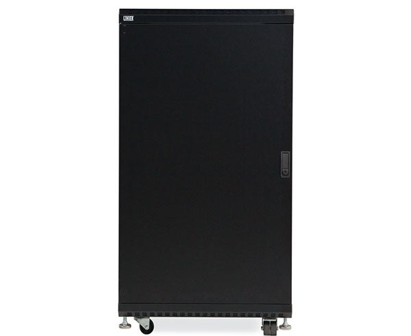 Angled view of the 22U LINIER server cabinet highlighting the front door and wheels