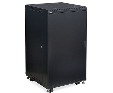 Frontal view of the 22U LINIER server cabinet with closed solid doors and wheels