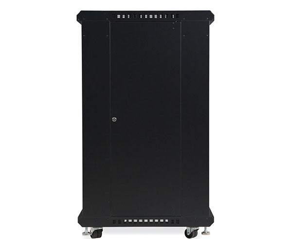 22U LINIER server cabinet with solid doors and caster wheels, viewed from the side